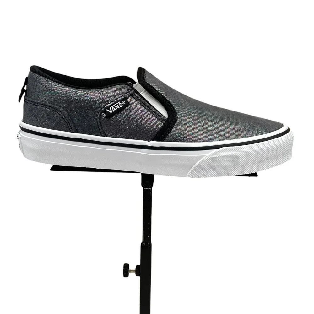 Vans Youth Girls Asher Slip On Casual Shoes Size 3 Shimmer Black Gray Sneakers